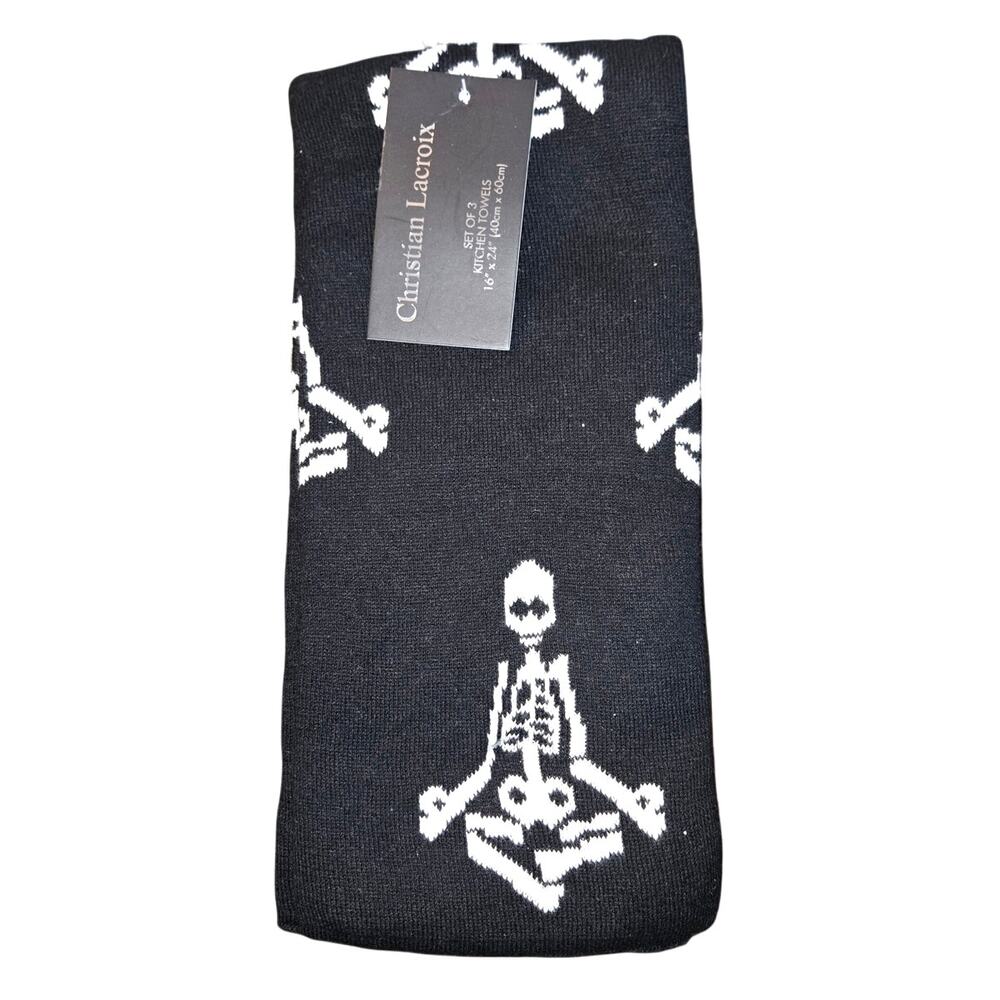 Set of 3 Christian Lacroix Halloween Skeleton Texture Kitchen Towels Black White